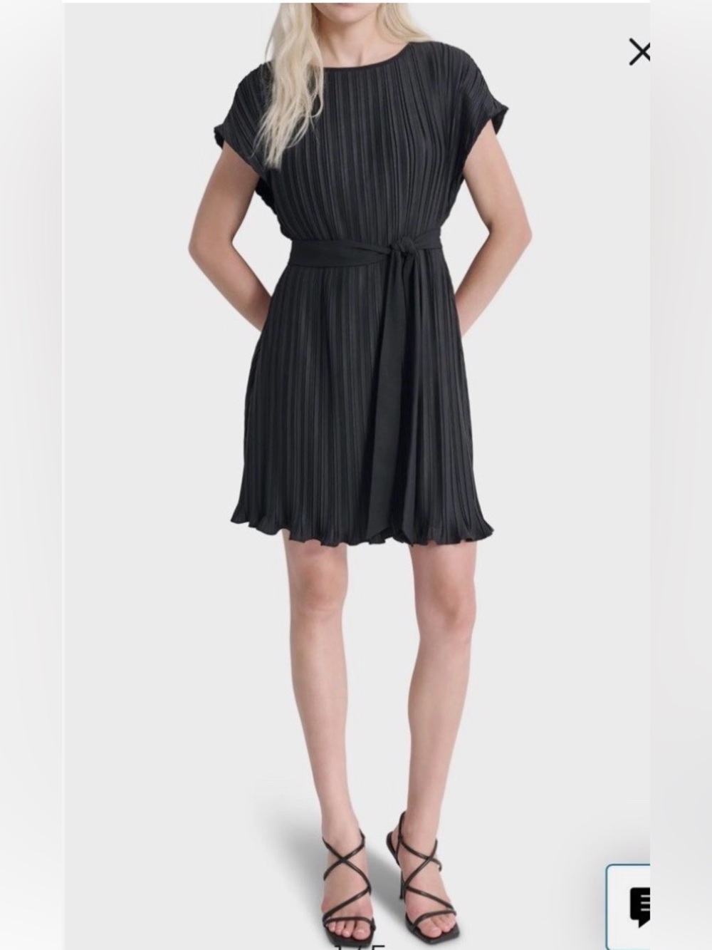 DKNY Black Pleated Tie-Waist Mini Dress